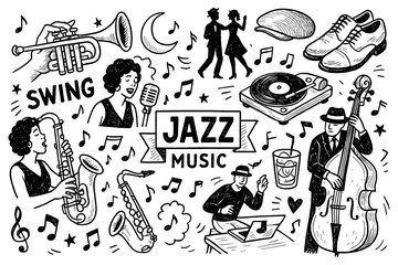 Obraz premium Jazz music doodle with singers, saxophone, trumpet, piano, double bass, drums and swing elements, Transparent Background