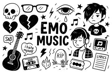 Emo music doodle with sad faces, guitars, broken hearts, skull, lyrics and dark emotional symbols, Transparent Background