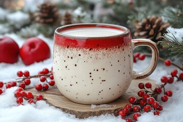 Hot chocolate cup with red berries and pine cones on wooden board.