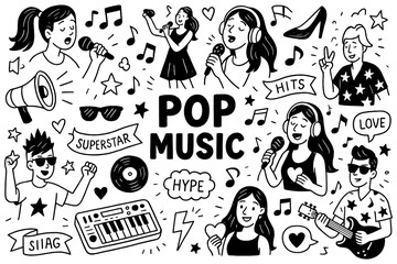Pop music doodle with singers, guitars, vinyl, smartphone, musical notes and catchy melody icons, Transparent Background
