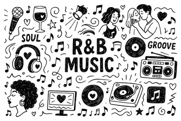 R&B music doodle with singers, guitar, headphones, boombox, hearts and soul elements, Transparent Background