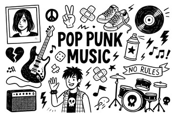 Pop punk music doodle with guitars, drums, sneakers, vinyl, spray paint and rebellious youth symbols, Transparent Background