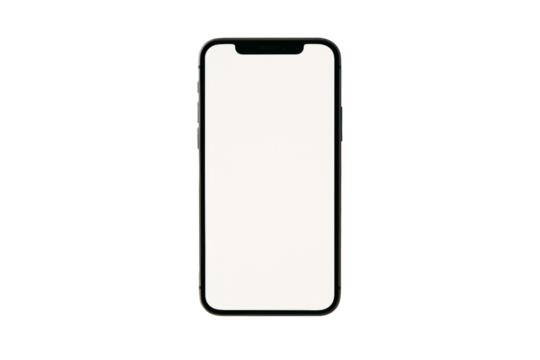 Front view of a modern smartphone with empty white screen, clean minimalistic graphics style, isolated on white background, concept of template. Ai generative