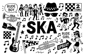 Ska music doodle with dancers, saxophone, trumpet, checkerboard pattern and Jamaican culture elements, Transparent Background