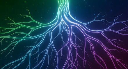 Dynamic abstract illustration of interconnected glowing energy lines and neural pathways, radiating vibrant colorful light and symbolizing advanced digital networks and organic system growth