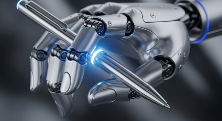 Innovative AI Robot Hand Holding a Pen, Modern Technology and Writing Concept