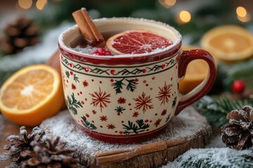 Hot drink with cinnamon and orange slices in a cup.