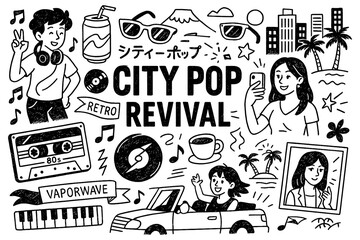 City pop revival doodle with retro 80s vibe, cassette tape, vinyl records, cocktails, palm trees and urban icons, Transparent Background