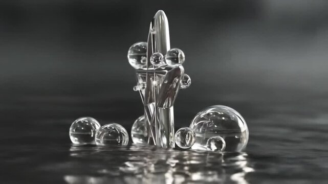 Abstract pentagram with transparent spheres on reflective surface