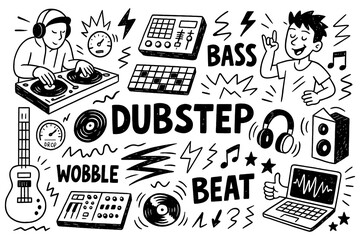 Dubstep music doodle with dj, speakers, vinyl, laptop, headphones and electronic sound symbols, Transparent Background