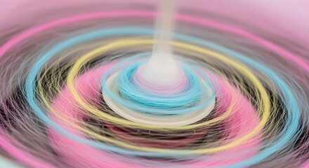 Cotton candy machine spinning in action, motion blur of sugar threads forming, close-up macro shot