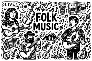 Folk music doodle with singers, guitars, banjo, harmonica, campfire and traditional song elements, Transparent Background