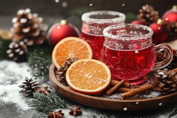 glasses of mulled wine with orange slices and cinnamon sticks on a wooden plate.