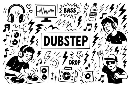 Dubstep music doodle with dj, speakers, vinyl, laptop, headphones and electronic sound symbols, Transparent Background