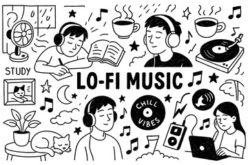Lo-fi music doodle with people studying, headphones, vinyl record, coffee and chill vibes icons, Transparent Background