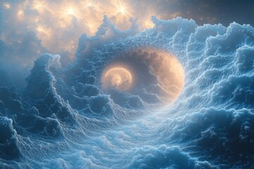 Bright sun in the center of a vast swirling blue ocean.