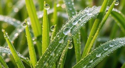 Naklejka premium Morning dew on lush green grass sparkles in the sunlight creating a fresh serene scene