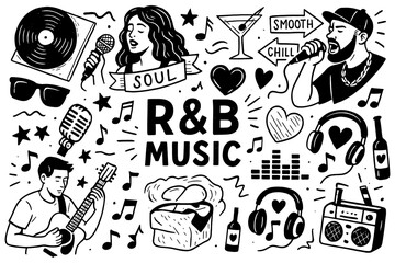 R&B music doodle with singers, guitar, headphones, boombox, hearts and soul elements, Transparent Background