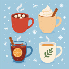 Winter Hot Drinks Set – Cozy Seasonal Beverages Vector Illustration. Set of cozy winter hot drinks such as cocoa, coffee, tea and mulled wine with seasonal spices and decorations