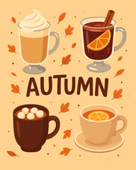 Vector Illustration Set of Four Hot Autumn Drinks. Cocoa with marshmallows, pumpkin spice latte, mulled wine with spices, and herbal tea. Minimalist and trendy design perfect for autumn themes