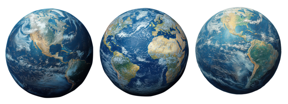 Set of Earth from space, featuring visible continents, oceans, and cloud formations, PNG, isolated on transparent background.