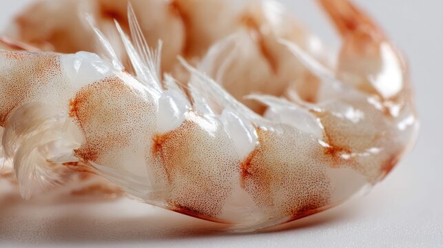 an artistic close up of a shrimp with its tail curled over it, revealing its segmented pink shell