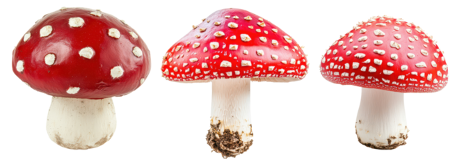 Group of red mushrooms with white spots, featuring their vibrant red caps and spotted patterns, PNG, isolated on transparent background.