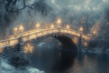 Snow-covered bridge with lights.