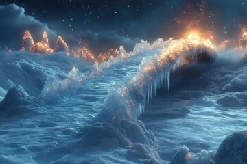 Ice and fire clash in a fantasy landscape.