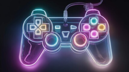 a modern, stylized video game controller with illuminated buttons, set against a dark background. it has a futuristic and colorful design, emitting a soft glow that highlights its various controls