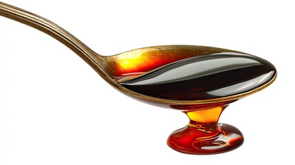 a spoonful of honey dripping into a puddle of amber liquid, possibly maple syrup