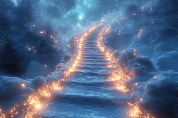 Stairway to glowing star in sky.