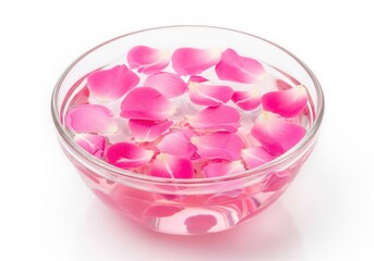 A bowl of clear water with floating pink rose petals, on an isolated white background. The image has a calm and serene feel.