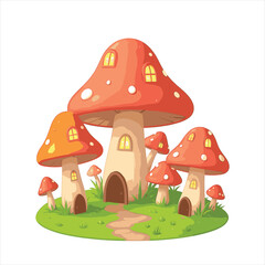 Cute cartoon mushrooms in forest and grass vector illustration