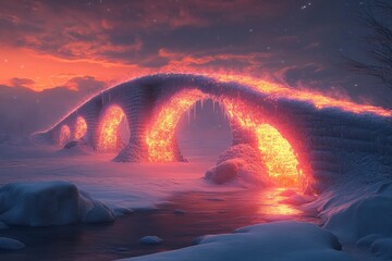 Fire bursts from a snow-covered bridge.