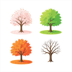 Four seasons trees set with autumn spring summer and winter illustrations.