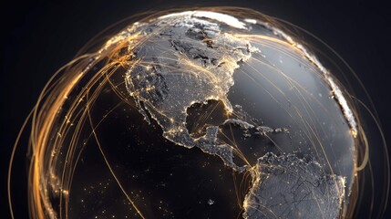 a large, detailed world map centered around a globe with gold lines indicating travel routes or connectivity