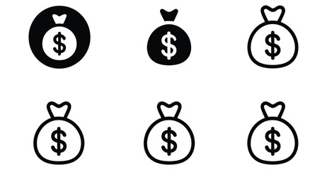 Set of six money bag icons with dollar signs in varied styles, ideal for finance, business, savings, investment, and economic-themed illustrations