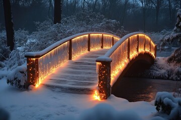 Snow-covered bridge adorned with Christmas lights.