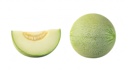 A fresh. green melon and a sliced piece its juicy interior. placed against a clean white background. perfect for food-related content and healthy lifestyle imagery