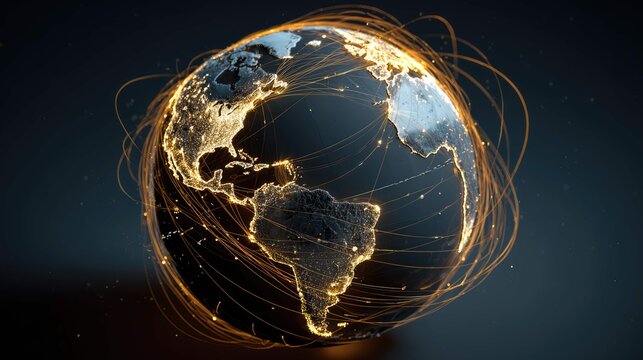 a globe with a web like pattern around it, centered in front of a satellite or communication dish that is partially visible behind the sphere