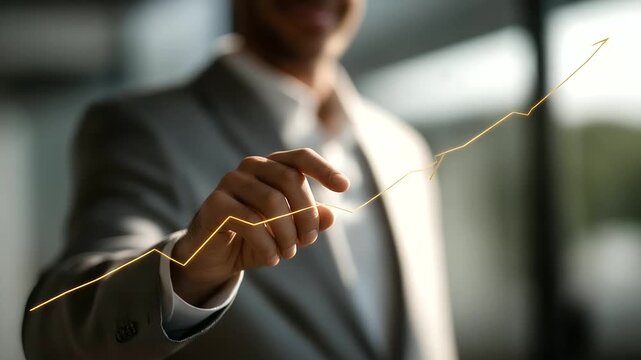 businessman pointing at upward line graph projected on wall explaining growth strategy faint echo of voice projector beam dust particles modern leadership three quarter wide angle