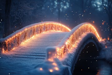 Snow-covered bridge adorned with twinkling Christmas lights.