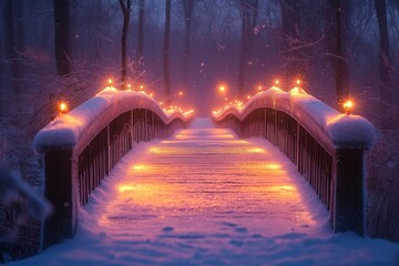 Snow-covered bridge lit up with lights.