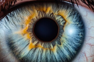 Macro view of human eye showcasing vividly detailed iris with blue and yellow patterns