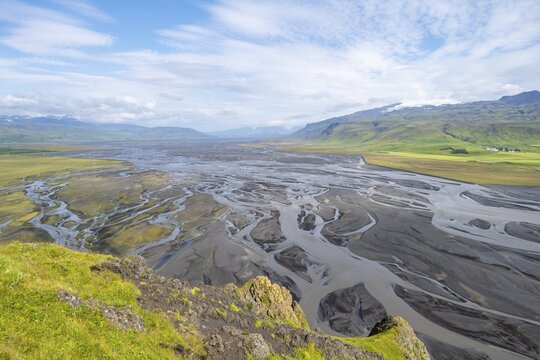 View from a hill, view over alluvial land, meandering river, D&iacute;monarhellir, Su&eth;urland, Iceland