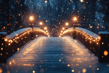 Snow-covered bridge adorned with twinkling lights.