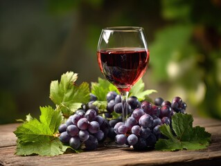 Fototapeta premium A stemmed glass of red liquid is beside a bunch of ripe, dark purple grapes, fresh green leaves