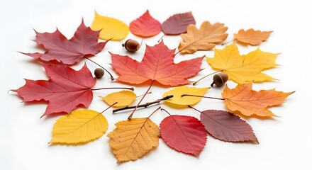 Vibrant Autumn Leaves and Acorns Arranged on a Clean White Background
