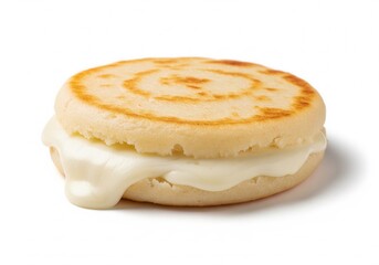 A thick, golden arepa patty sliced open and generously filled with melted white cheese that oozes out the sides. Isolated white background.
